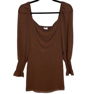 Wilfred Aritzia Brown Puff Sleeve Mini Dress Smocked Cuff Sheer Romantic Size 6